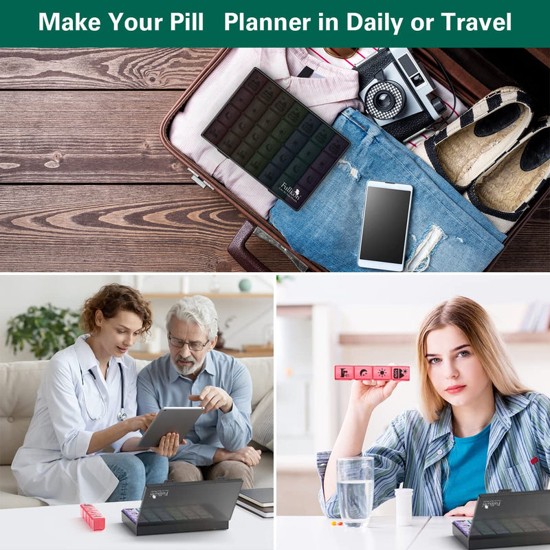 Fullicon Large Pill Organizer 4 Times a Day, 7 Day Pill Box, Black Rainbow | Each Compartment Holds 12 Fish Oils or 13 Vitamins, Clear Daily Icons, Durable Printing, Easy Open, Secure Snap Lids Multicolor