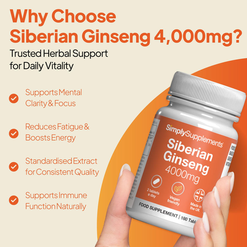 Siberian Ginseng Tablets | Supports Mental Performance & Reduces Fatigue | Suitable for Vegans and Vegetarians | 360 Tablets = 6 Months’ Supply | Made in The UK in Accordance with GMP Standards Unflavoured 180 count (Pack of 2)