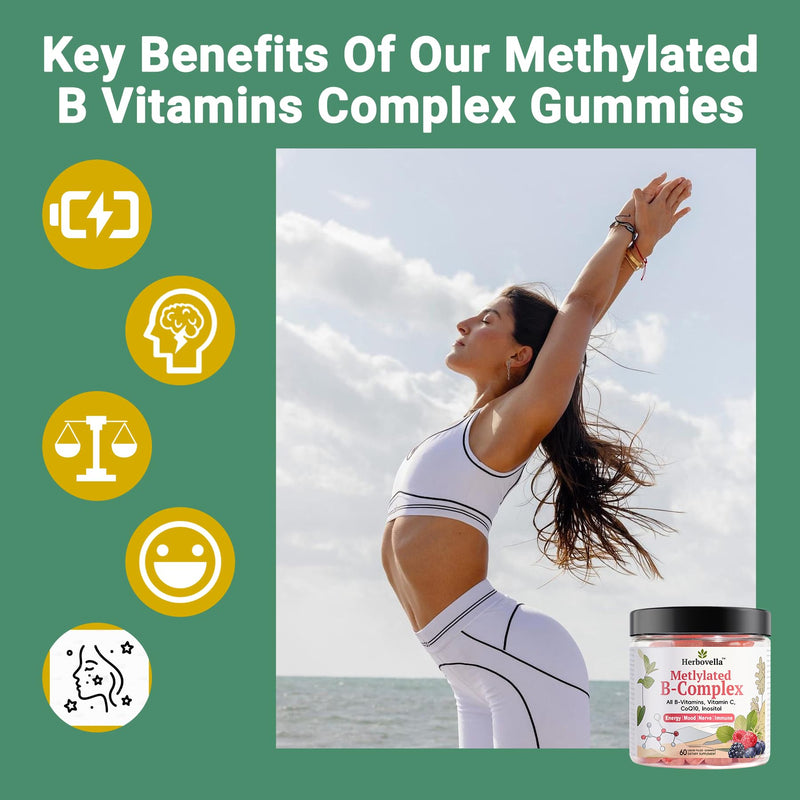 Methylated Vitamin B Complex Gummies for Women & Men, Vitamin B Gummies with All B Vitamins, Vitamin C, Inositol & CoQ10 for Energy, Brain & Immune, Sugar Free- Mixed Berry Flavor, 60 Count