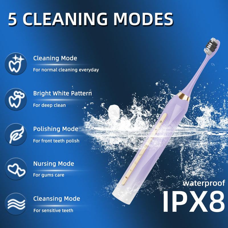 Adult Sonic Electric Toothbrush, USB Rechargeable Sonic Toothbrush, with 12 Brush Heads, 5 Modes, Equipped with Cleaning Brush, Brushing and Washing Two in one Purple