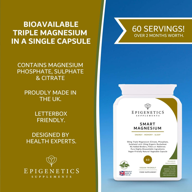 Smart Magnesium 90mg of Magnesium Phosphate, Sulphate & Citrate | 60 Vegan Friendly Capsules UK Made | Long 2 Month Supply by Epigenetics Supplements