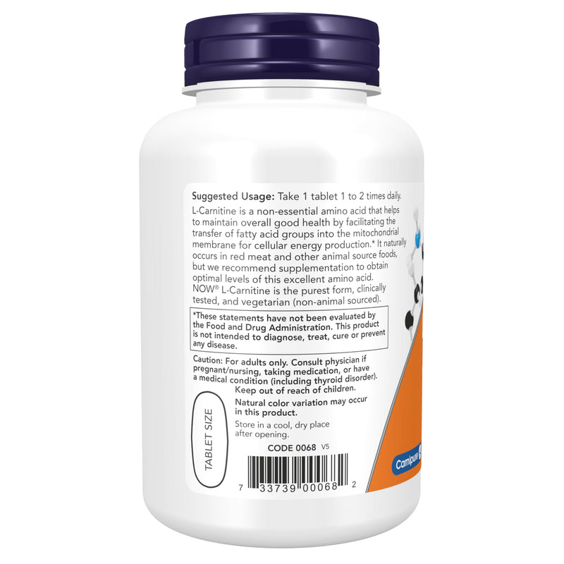 NOW Foods Supplements, L-Carnitine 1,000 mg, Purest Form, Amino Acid, Fitness Support*, 100 Tablets 100 Count (Pack of 1)