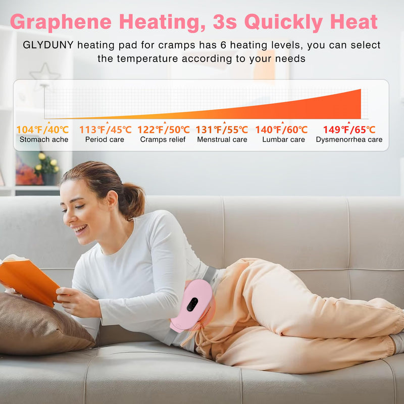 [Australia] - Heating Pads, Glyduny Period Cramp Massager Portable Cordless Heating Pad with 6 Heat Levels and 6 Massage Modes for Back Pain Relief Menstrual Heating Pad (Pink) Pink 