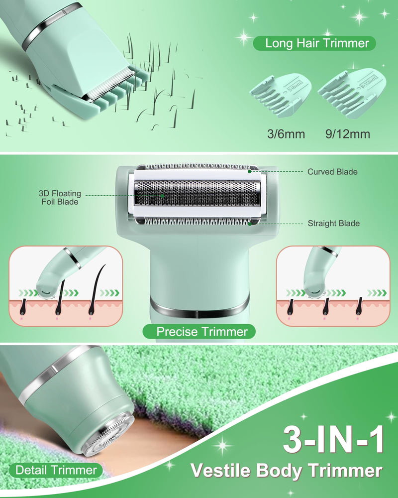 [Australia] - Electric Shaver for Women,3-in-1 Bikini Trimmer for Women & Body Shaver, IPX7 Waterproof,Hypoallergenic Ceramic Blades,USB-C Fast Charging,Travel Trimmer for Face, Legs,Bikini Line & Foil,Green Green 