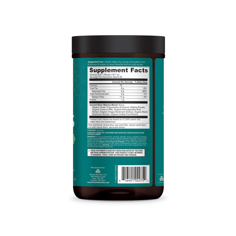 [Australia] - Ancient Nutrition Matcha Green Tea Powder with Ashwagandha, Ancient Elixirs Superfood Matcha Energy Powder, with MCTs, Promotes Healthy Energy Levels, Paleo and Keto Friendly, 20 Servings 