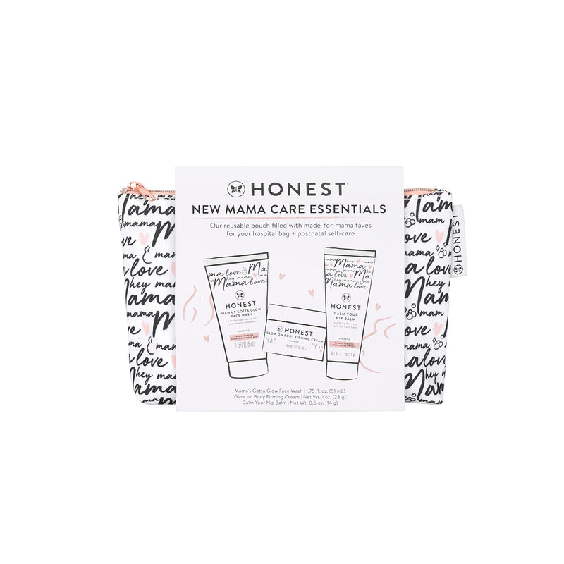 [Australia] - The Honest Company New Mama Care Essentials Gift Set | Hospital Bag Must Haves | Travel Size Nip Balm (0.5 oz), Glow On Body Cream (1 oz), Gotta Glow Face Wash (1.75 fl oz), Reusable Pouch New Mama Mini Essentials Set 