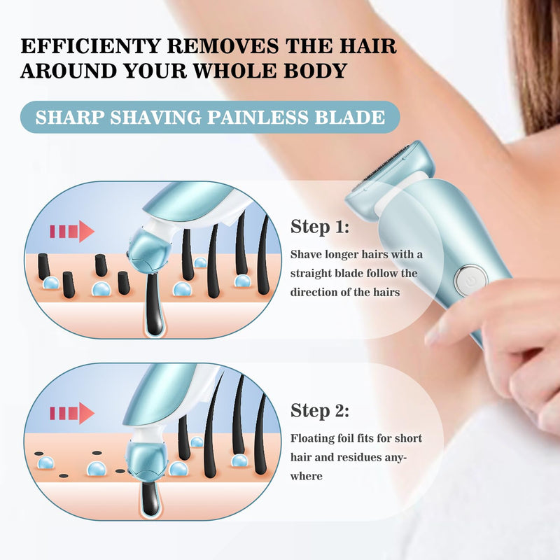 [Australia] - Electric Razors for Women, Bikini Trimmer Wet & Dry Use, Painless Pubic Hair Trimmer, Rechargeable Electric Shaver for Legs, Face, Pubic Hair, Underarms with Detachable Head, Blue 