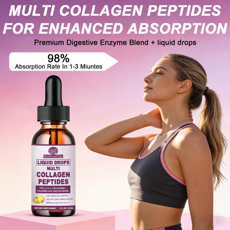 Liquid Collagen for Women & Men, Multi Hydrolyzed Collagen Peptides | Fast Acting Hidrolizado Collagen Types I, II, III, V, X, Proteins w. Hyaluronic Acid, Biotin Vitamin C for Hair, Skin & Nails Pineapple 2 Fl/Oz (Pack of 1)