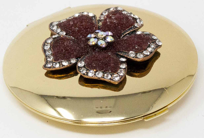 Stephanie Imports Gold Stoned Flower Round Folding Compact Pocket Makeup Mirror Double Sided (5X Magnification + 1x Magnification) in Gift Box