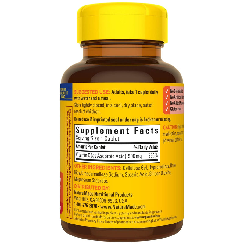 Vitamin C 500 mg Caplets with Rose Hips, 130 Count