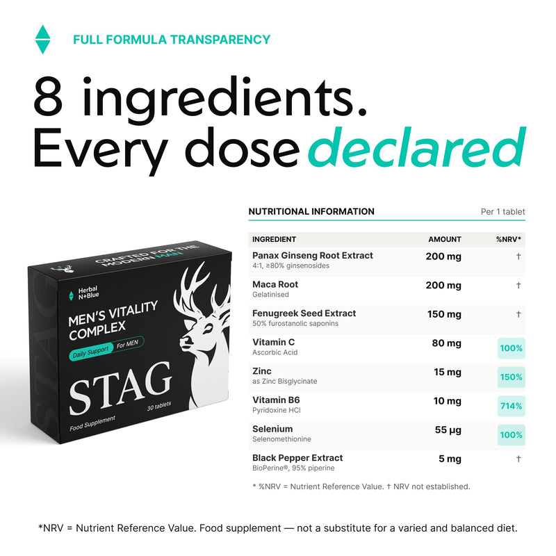 STAG Men's Vitality Tablets - Ginseng, Maca & Zinc - 30 Tablets - Herbal Food Supplement for Adults - Everyday Wellbeing Support