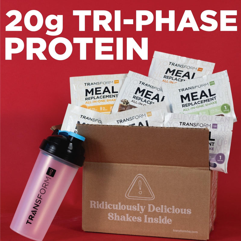 [Australia] - TransformHQ Meal Replacement Shake Variety Box With Pink Shaker, 7 Single-Serving Shake Packs 