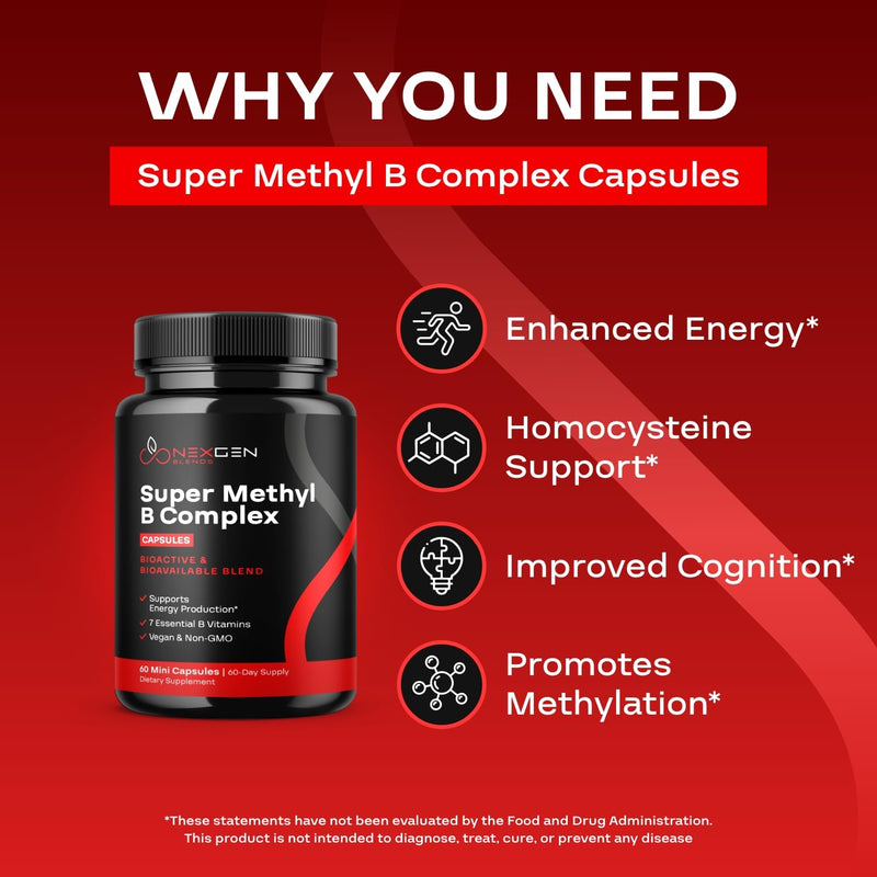Methylated B Complex Vitamin Supplement - Bioactive Methyl B Complex with 5-MTHF Methyl Folate & B12 Methylcobalamin for Brain Heart Energy & Homocysteine Support - Super Vitamin B Complex - 60 Caps 60 Count (Pack of 1)
