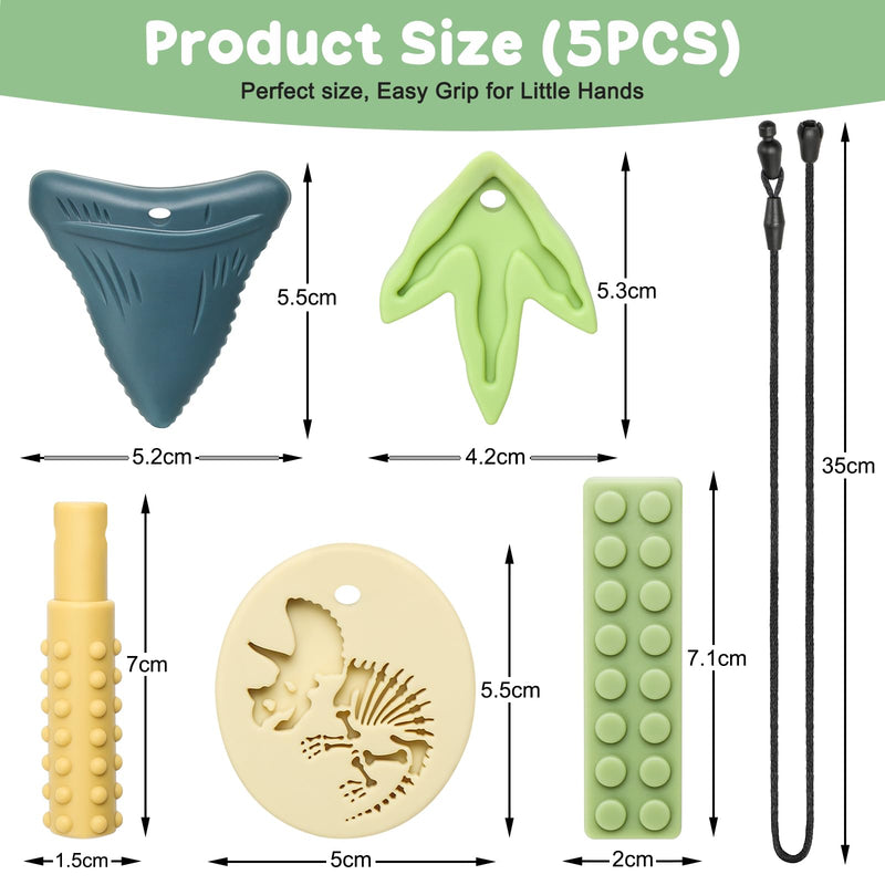 [Australia] - Sensory Chew Necklaces for Aggressive Chewers - Silicone Chewelry for Autism, ADHD, Oral Motor Therapy & Baby Teething - Dinosaur (BPA-Free, Textured Surface) Beige, Yellow, Gray, Green, Light Green 