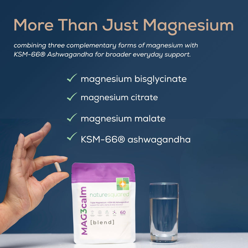 MAG3calm Triple Magnesium+KSM-66® Ashwagandha - 274mg Unbuffered - Magnesium Bisglycinate, Citrate & Malate - Sleep, Fatigue, Mood & Muscle Recovery - 60 Capsules - 2 Month Supply - Non GMO - UK Made