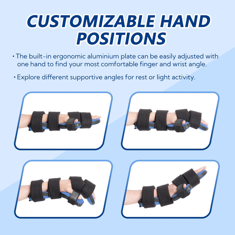 Resting Hand Splint with Finger Support for Stroke Recovery, Carpal Tunnel & Dupuytren's Contracture - Adjustable Wrist Brace for Left or Right Hand, M Blue & Black