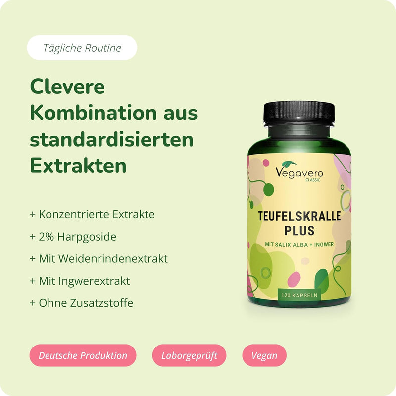 Devil’s Claw Vegavero® | 4400mg (8:1) Extract | 120 Vegan Capsules | Natural Joint Support with White Willow Bark & Ginger | Harpagophytum with 2% Harpagoside | NO Additives
