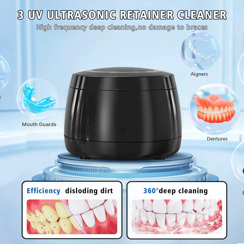 [Australia] - Ultrasonic Retainer Cleaner, 43kHz Ultrasonic Denture Cleaner Jewelry Cleaning Machine Eyeglass Cleaner for Watches Dentures Ring Razor Makeup Brush Black 