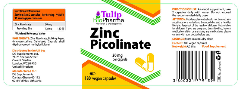 Tulip BioPharma Zinc Picolinate 30mg | 180 Vegan Capsules | 3-Month Supply | Chelated, Highly Bioavailable, No Unnecessary Additives | 3rd Party Lab Tested
