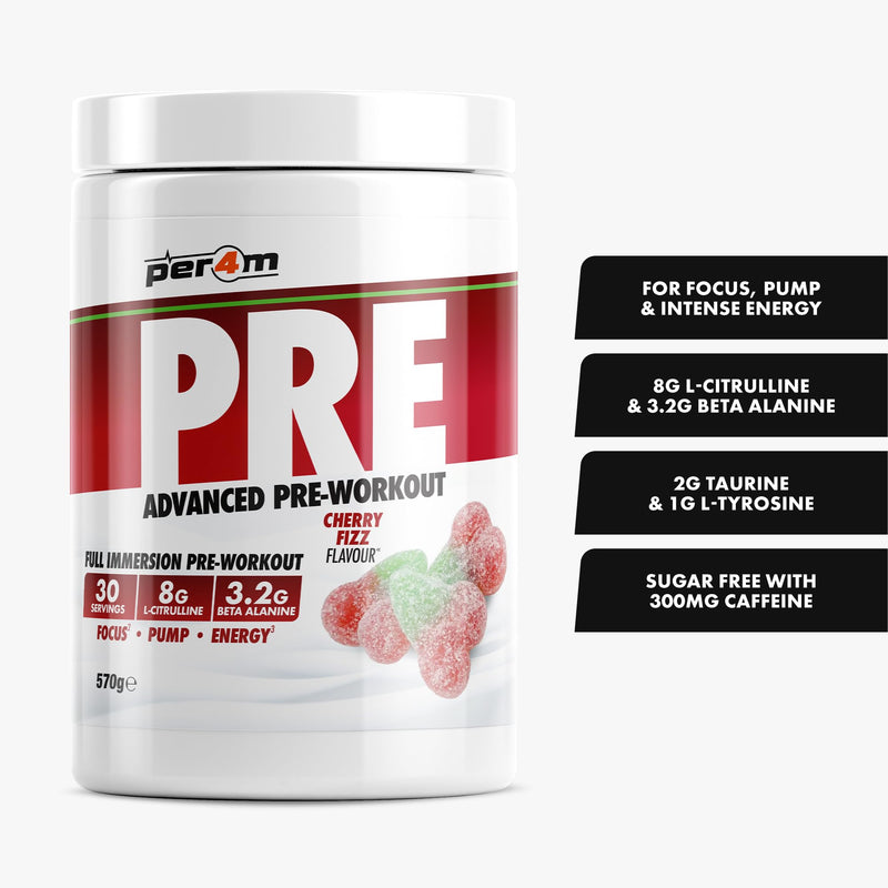 Per4m Pre Workout Powder | Intense Pump, Sustained Energy & Mental Focus | L-Citrulline, Beta Alanine & Caffeine & Added Hydration (570g, Cherry Fizz)