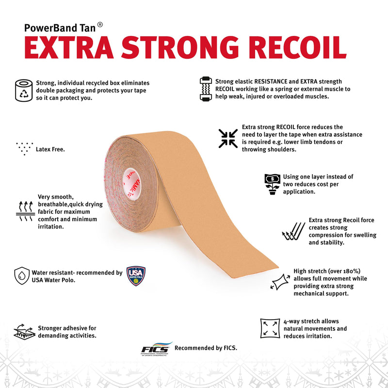 Dynamic Tape Powerband® | Ultimate Resistance & Recoil Biomechanical Support Tape | 4-Way Stretch | Latex-Free, Water-Resistant Adhesive | Plain Tan - 2"