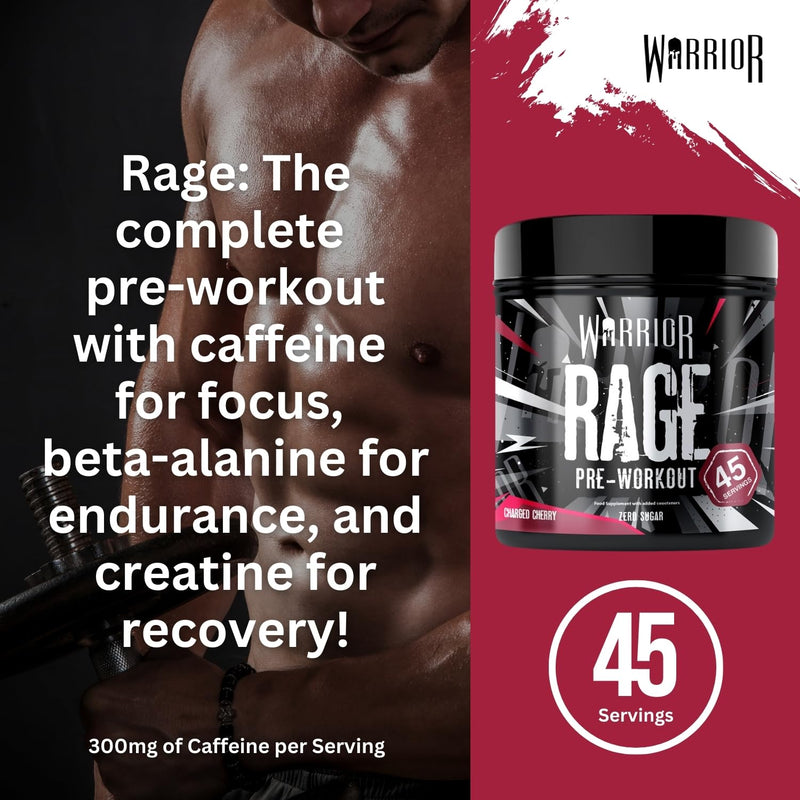 Warrior Rage Pre Workout Powder 392g (45 Servings) – 300mg Caffeine High Stim Energy Drink Supplement + Beta-Alanine, Creatine, BCAA, Taurine, Citrulline & Arginine AAKG for Muscle – Charged Cherry