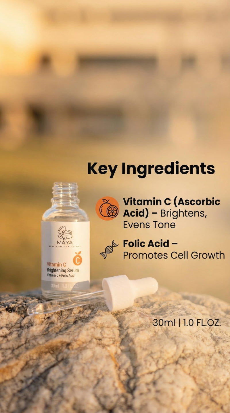 MAYA Vitamin C Brightening Serum with Folic Acid, Face Serum for Hydration & Glow, Lightweight Daily Facial Serum, 30ml