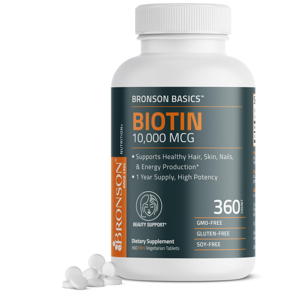 Bronson Biotin 10,000 MCG Supports Healthy Hair, Skin & Nails & Energy Production - High Potency Beauty Support - Non-GMO, 360 Vegetarian Tablets Unflavored 360 Count (Pack of 1)