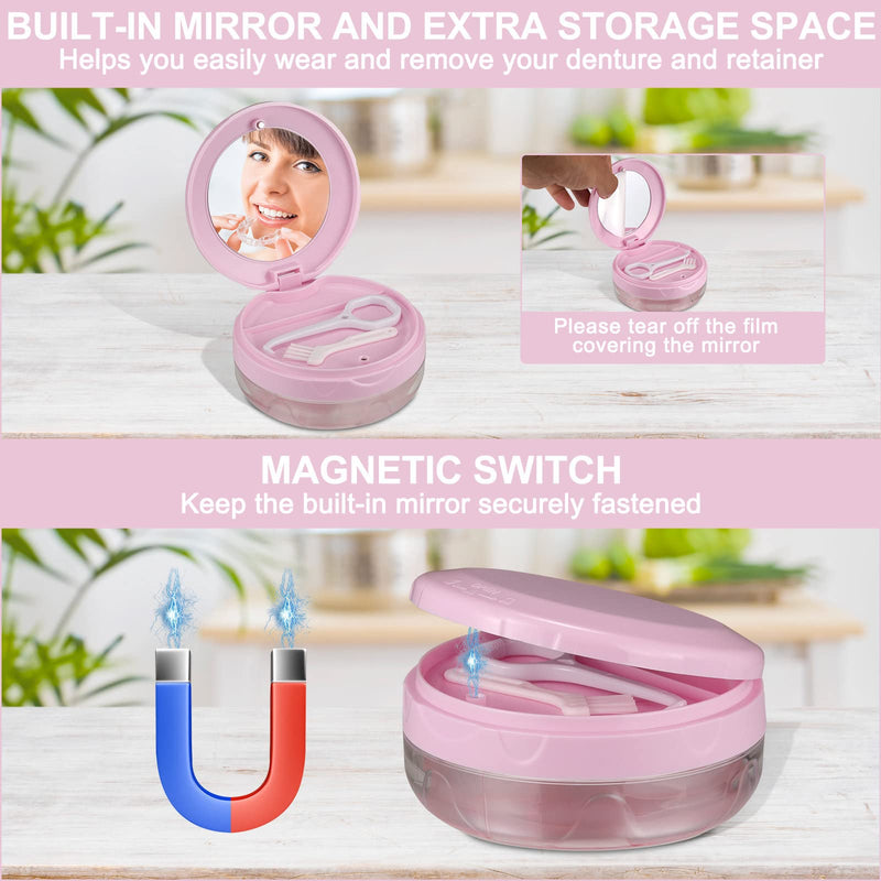 [Australia] - Denture Case, Leak Proof Denture Bath Case Cup Kit for Travel Cleaning, Heigoeost Denture Holder Box Bath Soaking Container for Women & Men with Mirror, Strainer, Removal Tool and Denture Brush(Pink) Pink 