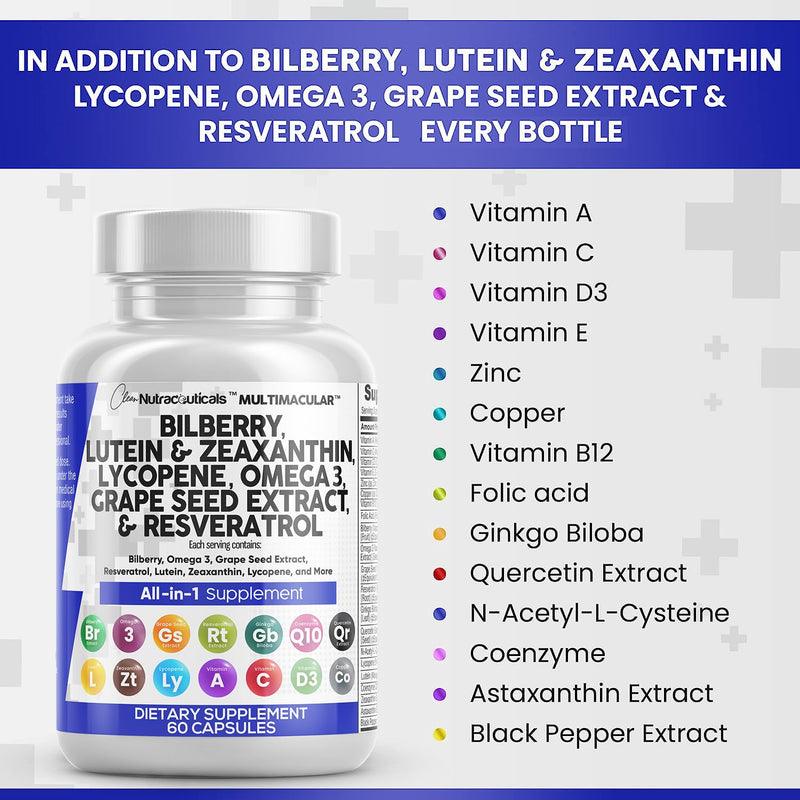 [Australia] - Eye Health Vitamins with Bilberry 6000mg Lutein & Zeaxanthin 40mg Lycopene 40mg Resveratrol 3000mg Grape Seed Extract 6000mg Omega 3 4000mg Astaxanthin - Eye Vitamin - 60 Capsules 