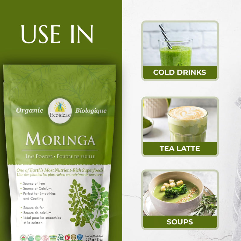 Ecoideas Org. Moringa Powder, 8 OZ Bag - Certified Organic, Kosher, Vegan, Gluten-free, Non-GMO, and RAW CRU 227 Gram