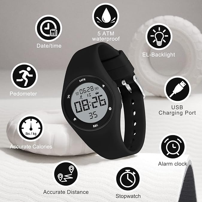 [Australia] - synwee Sports Pedometer Watch,Fitness Tracker，IP68 Water Resistant, Non-Bluetooth, with/Vibration Alarm Clock/Stopwatch,for Adults Men Women Teens Black 