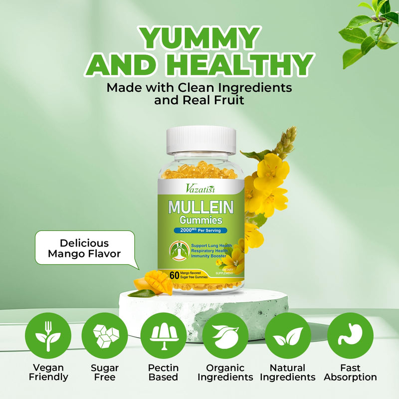 [Australia] - Mullein Gummies, Mullein Leaf Extract with Bromelain, Quercetin, Pine Bark Support Lung Cleanse for Healthy Breathing, 120ct Mango 60 Count (Pack of 2) 
