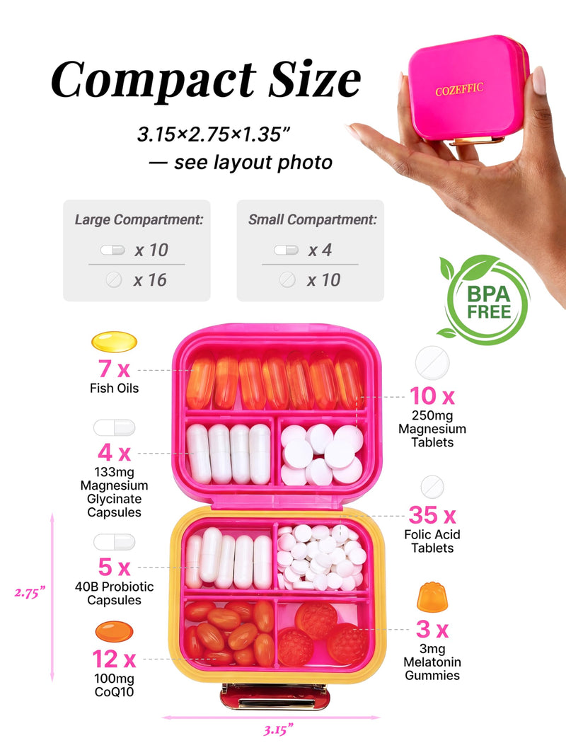 Pill Organizer 2 Times a Day AM PM, 2 Pack 7 Day Travel Pill Case for Purse, Moisture Proof BPA-Free Medicine Box for Vitamins, Fish Oil & Supplements, Hot Pink & Sky Blue