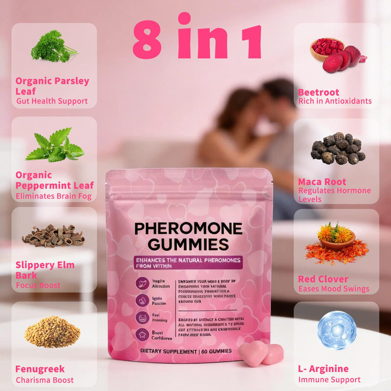 Pheromone Gummies for Women, Plant-Based Wellness Supplement with Maca Root, Fenugreek & Red Clover, Confidence Support Gummies, Vegan Strawberry Flavor, 60 Gummies
