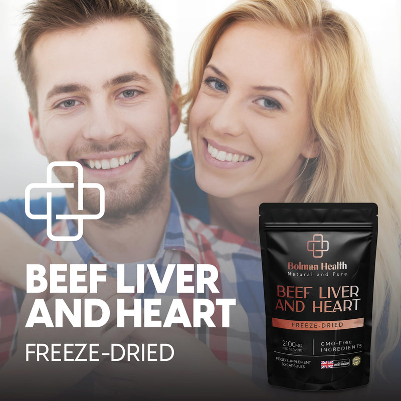 Grass-Fed Beef Liver & Heart Capsules | 2100mg Per Serving | Freeze-Dried Bovine Organ Supplement | Supports Energy, Stamina & Vitality | 60 Capsules | Non-GMO | Gluten-Free