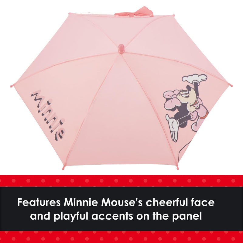 Disney Minnie Mouse Children's Rain Umbrella with Bow Tie Wrap, Pink | Manual Folding, Windproof, Lightweight, and Packable for Travel, 26.5 Inch Arc