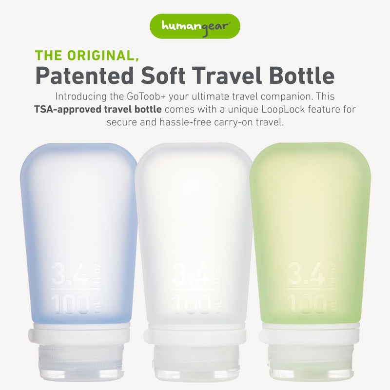 humangear GoToob+ 3-Pack, Large (3.4 fl oz), Clear/Green/Blue | Refillable & Leak-Proof Silicone Travel Size Bottles with Locking Cap for Toiletries, Camping & TSA Carry-On 3.4 Ounces