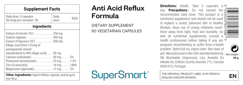 Supersmart - Anti-Acid Reflux - Relieve Heartburn & Acid Reflux Naturally | 100% Natural Non-GMO & Gluten Free - 90 Vegetarian Capsules