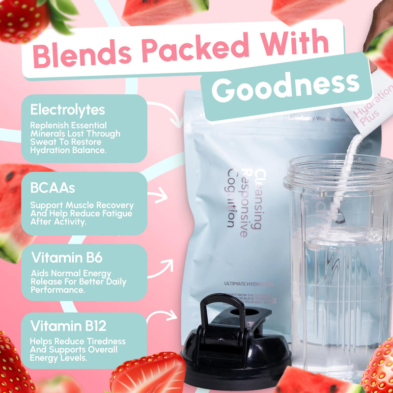 OQO® Hydration Electrolytes Sachets | Hydration Powder Packed with Vitamins B6 & B12, Sodium, Potassium, Magnesium & BCAAs - Zero Sugar Hydration Sachets | 25x Electrolyte Sachets | Strawberry 25pk (Strawberry Watermelon)