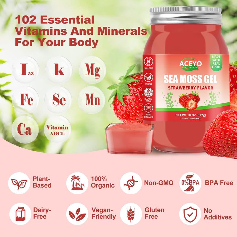 (18 OZ) Sea Moss Gel Irish,Raw Seamoss 102 Vitamins Strawberry Flavor | Wild Harvested,Support Immune,Non-GMO,Gluten-Free,Vegan 1.13 Pound (Pack of 1)