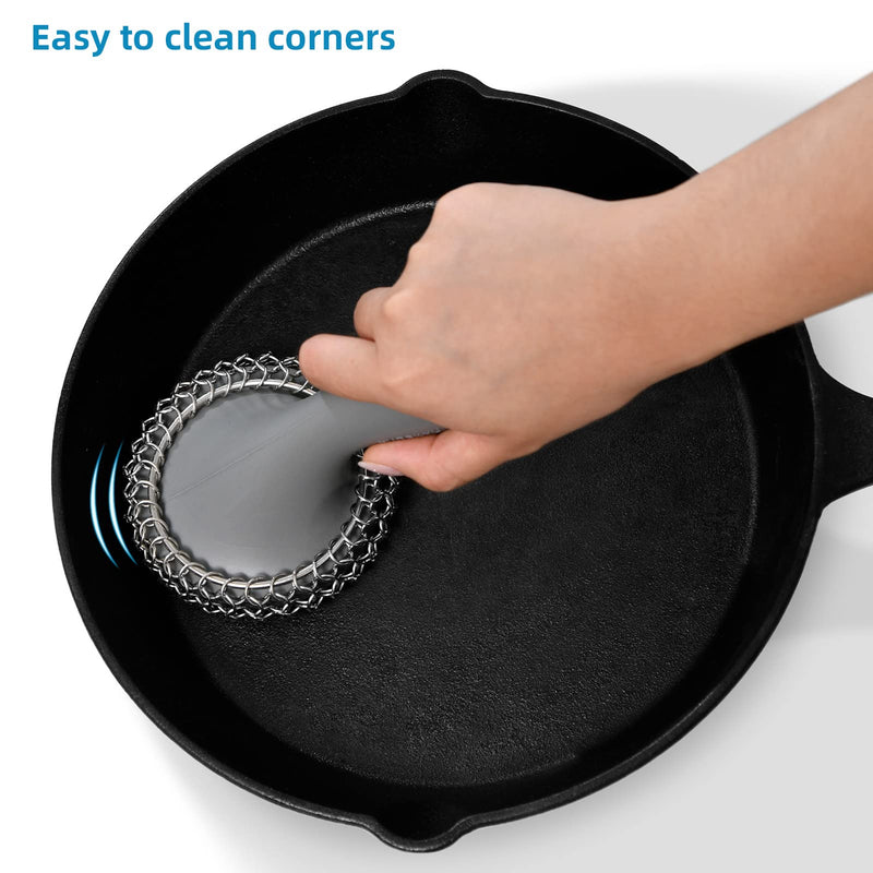 [Australia] - SUBEKYU Cast Iron Scrubber with Silicone Handle, Stainless Steel Cast Iron Skillet Cleaner Chainmail Scrubber for Cast Iron Pans, Grey Gray 