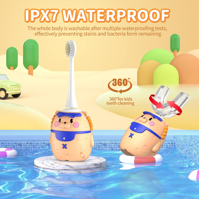 RexCodar Kids Electric Toothbrushes, U Shaped Ultrasonic Toothbrush, Rechargeable Full Mouth Kids Toothbrush with 4 Brush Heads, IPX7 Waterproof, Five Smart Modes, 60S Smart Reminder(Ages 2-6) Brown 2-6 Age