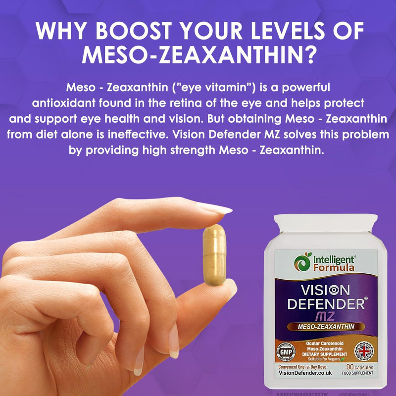 [Australia] - Vision Defender Meso Zeaxanthin Vegan Eye Supplement MZ- Protect and Improve Ocular Health & Eye Care, High Strength Antioxidant Carotenoid Meso-Zeaxanthin for Eyes (90 Capsules/One Daily) Made in UK 