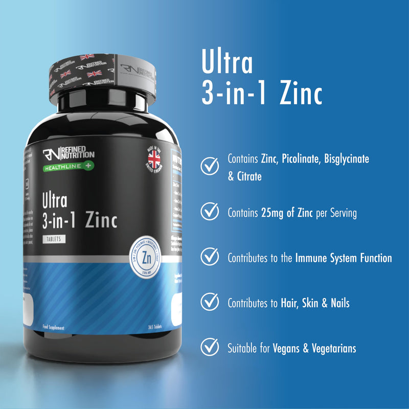 Refined Nutrition Ultra 3-in-1 Zinc Tablets | 25mg High Strength Zinc Picolinate, Bisglycinate & Citrate with Copper | 365 Vegan Supply (1 Year) | Immune System & Skin Support | UK Made 365 count (Pack of 1)