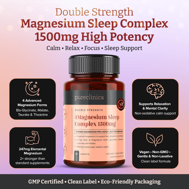 Double Strength Magnesium Sleep Complex 1500mg x 90 Caplets – 247mg Elemental Magnesium – Bis-Glycinate, Malate, L-Taurate & L-Theanine - 3 Months Supply 90 count (Pack of 1)