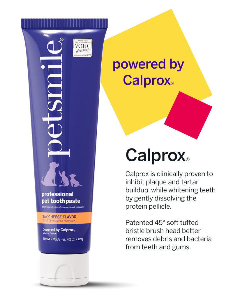 [Australia] - Petsmile Professional Pet Teeth Brushing Kit for Cats & Dogs - Only VOHC Accepted Toothpaste & Patented Toothbrush - Proven to Control Plaque & Tartar Calprox Formula (Say Cheese, 4.2 Oz) Say Cheese 4.2 Ounce (Pack of 1) 