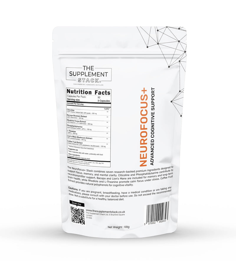Neurofocus+ | 7-in-1 Brain Nootropic with Citicoline, Bacopa, Lion’s Mane, Rhodiola, L-Theanine, Phosphatidylserine & Coffee Fruit (Caffeine Free) - for Focus, Memory & Clarity