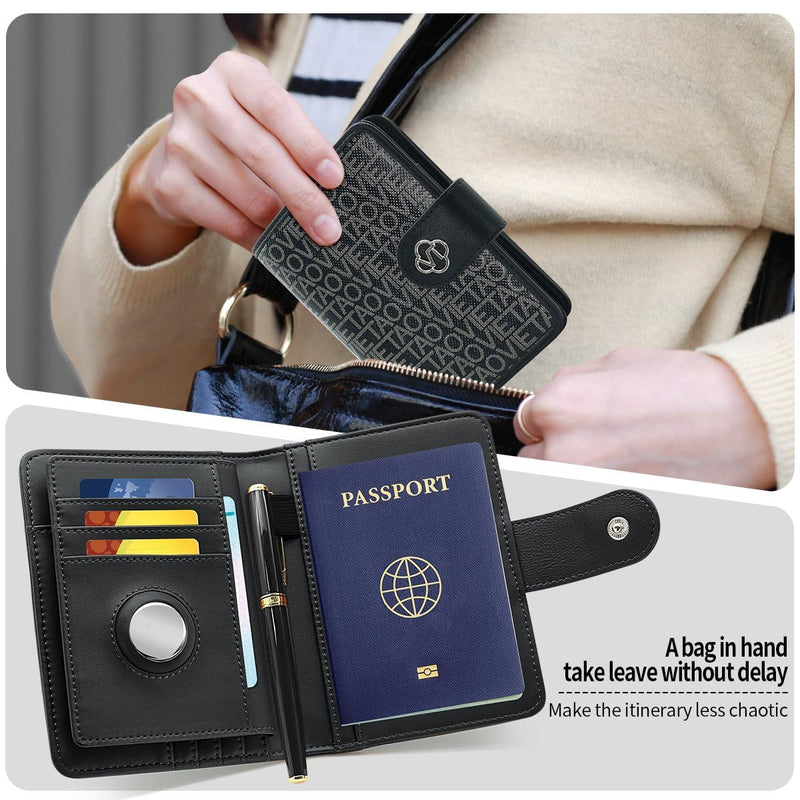 Passport Holder Wallet Bag with AirTag Holder, Card Slots and Passport Solt Ticket Cash Solt, Photo Solt Sim Card Pen Slot.Black Black