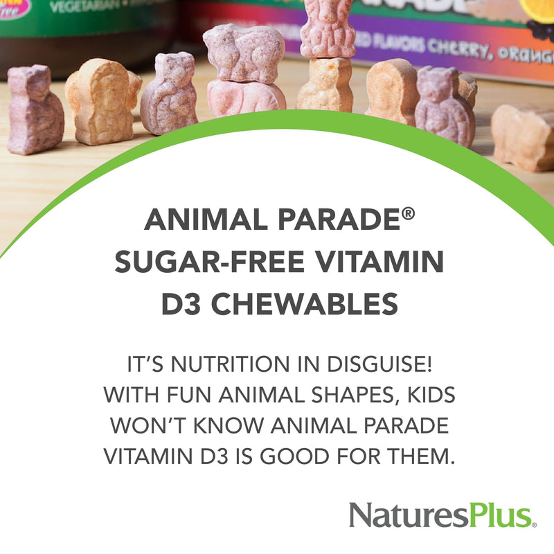 [Australia] - Natures Plus Animal Parade Sugar-Free Children's Vitamin D3-500 IU - Black Cherry Flavor - 90 Chewable Animal Shaped Tablets - Bone Health & Immune System Support - 90 Servings 